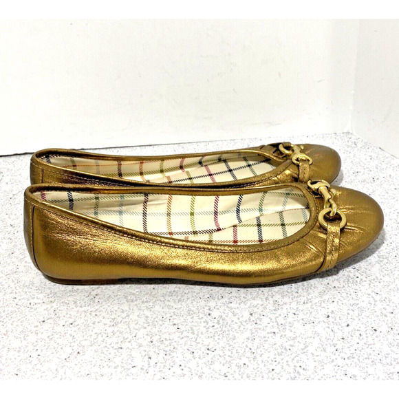 Coach Leona Ballet Flats Golden Metallic Leather Slip On Shoes Horse Bit US 6.5B
